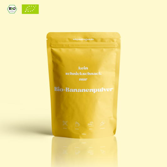 250 g Bio-Bananenpulver von WhyNotVegan in nachhaltiger Verpackung – gefriergetrocknet, 100 % Banane, ohne Zusätze, ideal für Shakes, Müsli und Backen