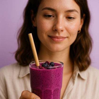 Ein intensiver Heidelbeer-Smoothie in sattem Lila, verfeinert mit frischen Blaubeeren und gefriergetrockneten Himbeeren. Serviert in einem hohen Glas mit Bambus-Strohhalm – perfekt als gesunder Snack, Frühstück oder erfrischendes Superfood-Getränk. Minimalistische Food-Fotografie mit modernem, lila Hintergrund