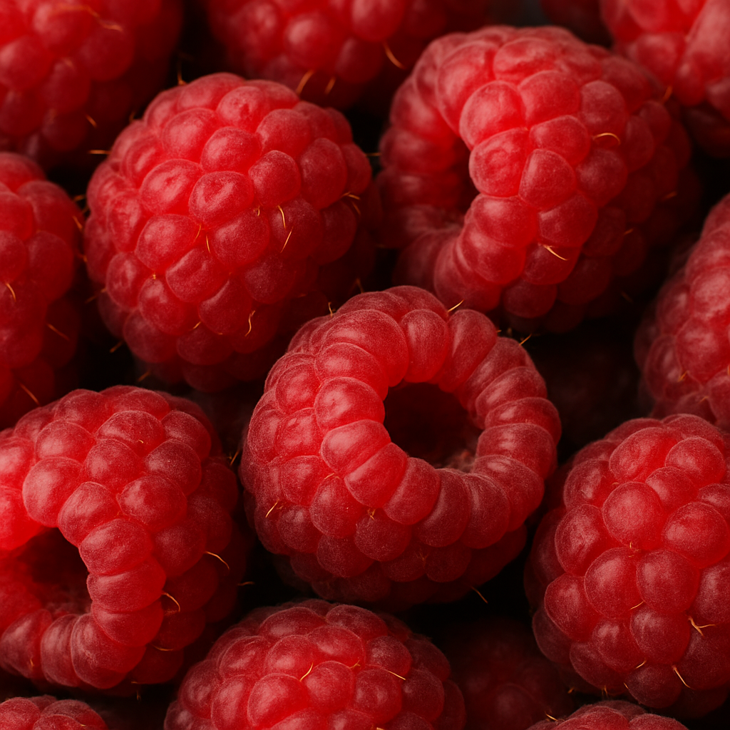Frische rote Himbeeren in Nahaufnahme – Grundlage für Bio Himbeerpulver, reich an Antioxidantien, Vitaminen und fruchtig-säuerlichem Geschmack