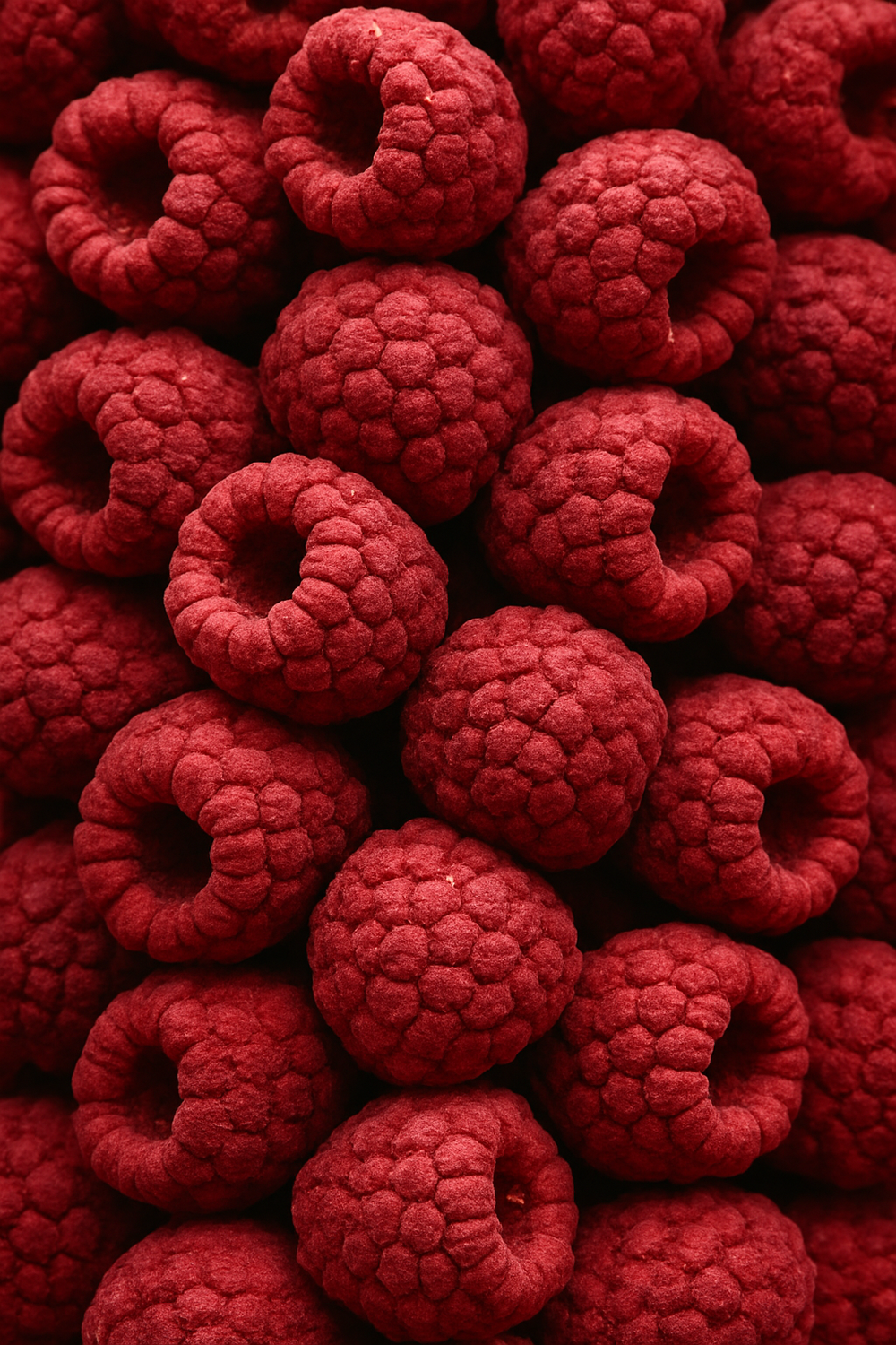 Nahaufnahme von gefriergetrockneten Bio-Himbeeren in intensiver roter Farbe – schonend verarbeitet für knackige Textur, volles Aroma und Premium-Qualität, 100 % Frucht ohne Zuckerzusatz