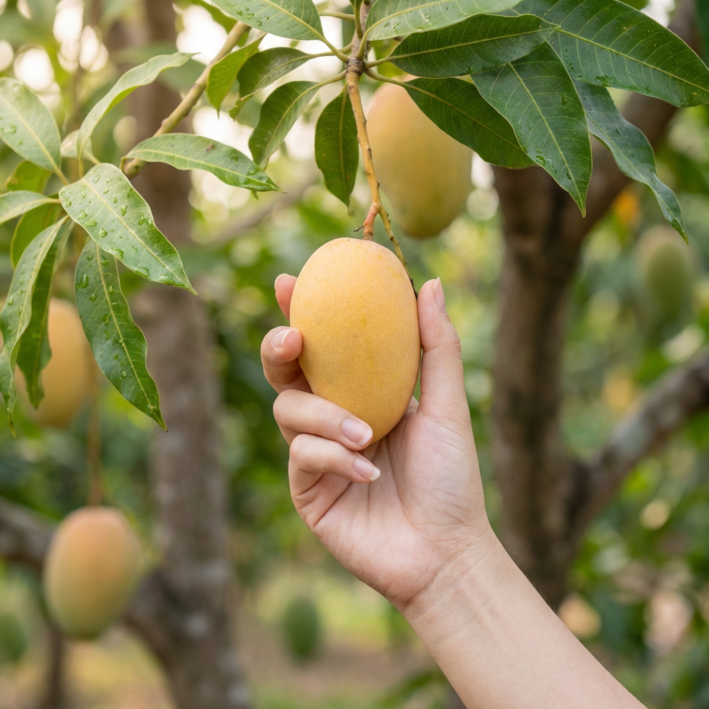 Gepflegte Hand greift nach einer reifen Mango, die noch am Baum hängt