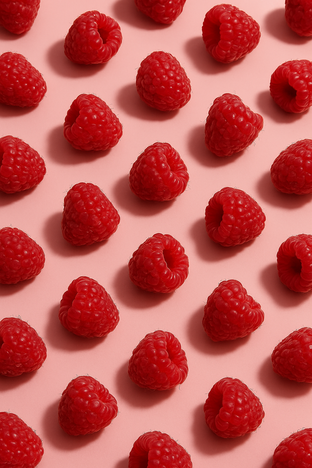 Frische, reife Bio-Himbeeren ordentlich sortiert auf rosa Hintergrund – sorgfältig gereinigt und vorbereitet für die schonende Gefriertrocknung zu 100 % Frucht ohne Zuckerzusatz in Premium-Qualität






