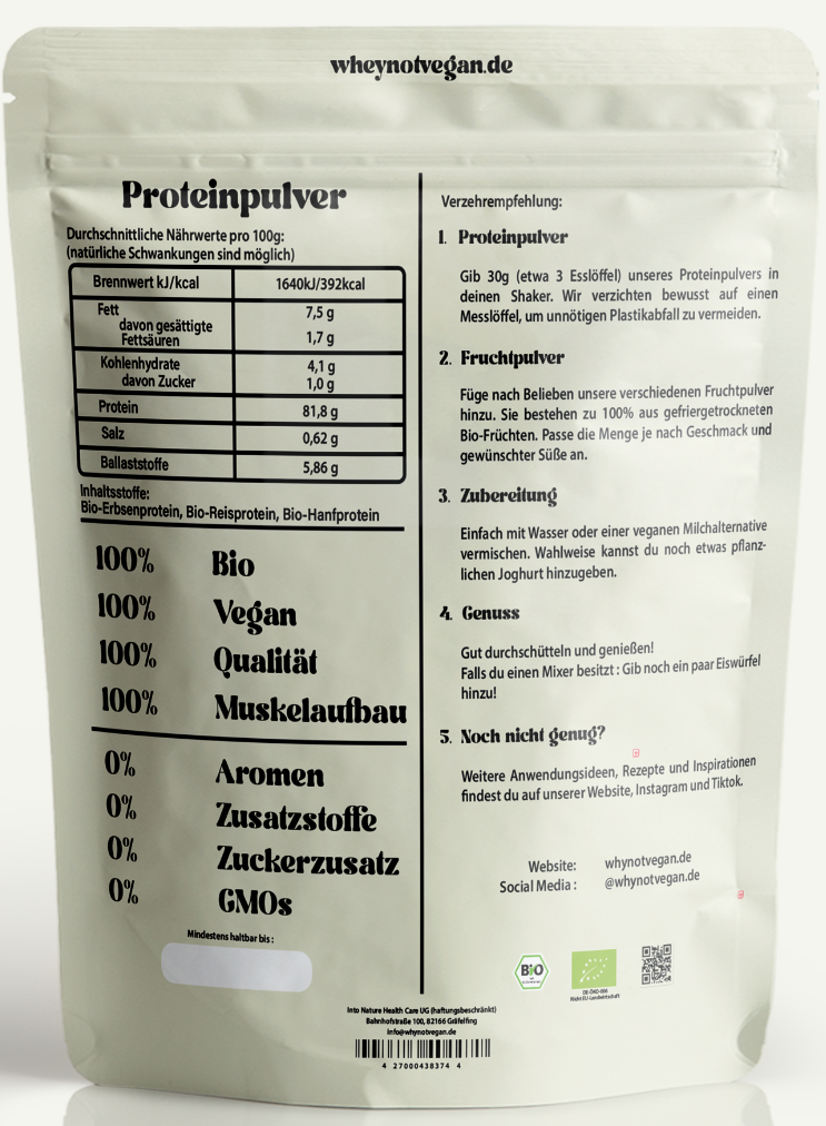 Veganes Proteinpulver aus Erbsen-, Reis- und Hanfprotein mit vollem Aminosäureprofil – ideal für Muskelaufbau und gesunde Gewichtsreduktion. Hochwertiges pflanzliches Protein ohne Soja, ohne Zuckerzusatz und ohne künstliche Zusatzstoffe, perfekt für Smoothies, Shakes und Rezepte. Neutraler Geschmack, kombinierbar mit 100% natürlichen Fruchtpulvern für individuelle Geschmacksvariationen, ideal für Sportler und gesundheitsbewusste Menschen.