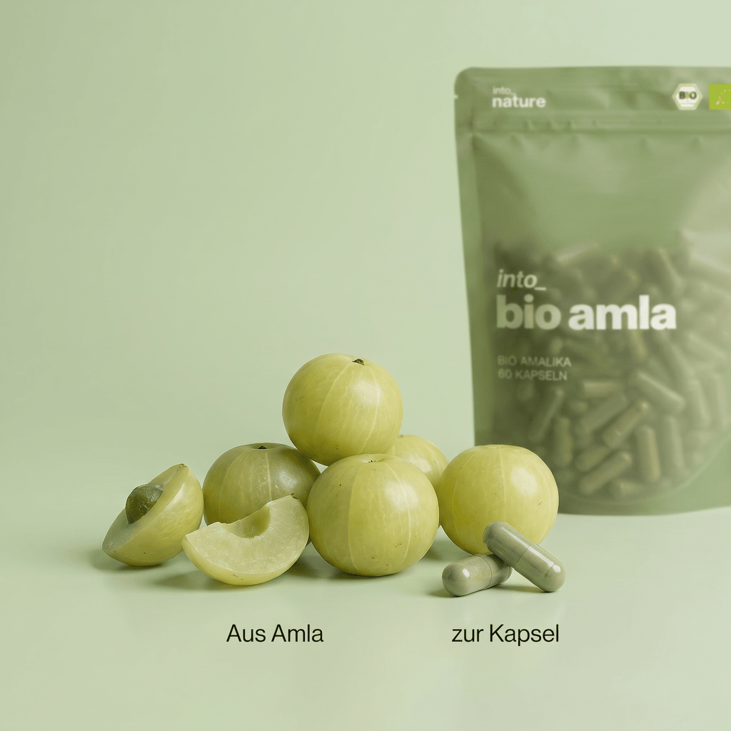 Frische indische Stachelbeere (Amalaki) neben den Bio Amla Kapseln
