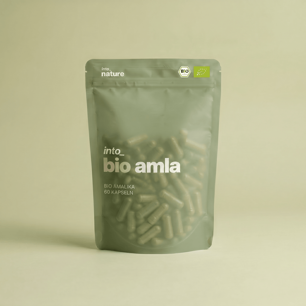 Verpackung der Into Nature Bio Amla Pulver Kapseln Vorderansicht