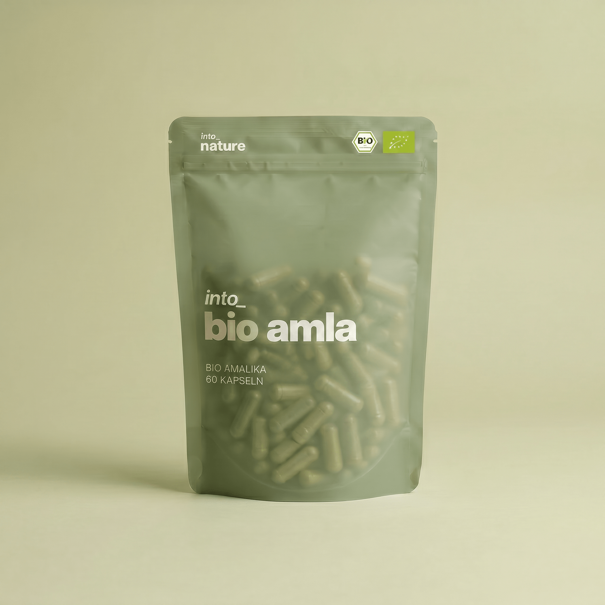 Verpackung der Into Nature Bio Amla Pulver Kapseln Vorderansicht