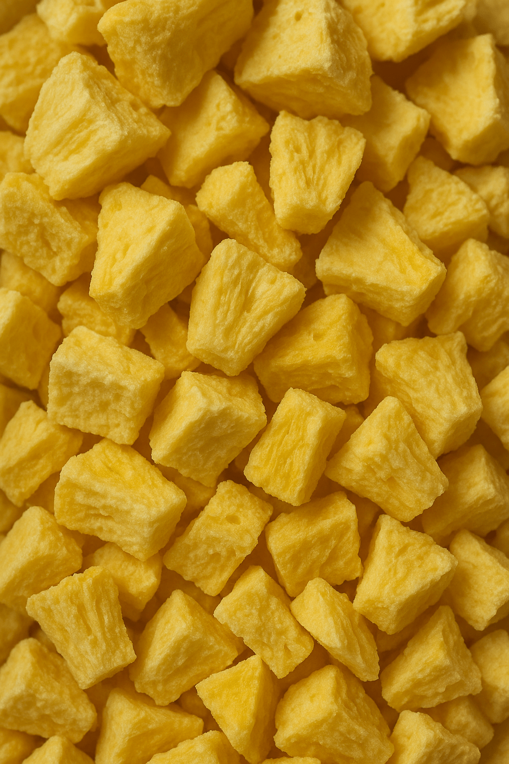 Gefriergetrocknete Bio-Ananas Stücke in Nahaufnahme – 100 % Frucht, intensiv süß, knusprig und ohne Zuckerzusatz, ideal für Snacks, Müsli und Backen