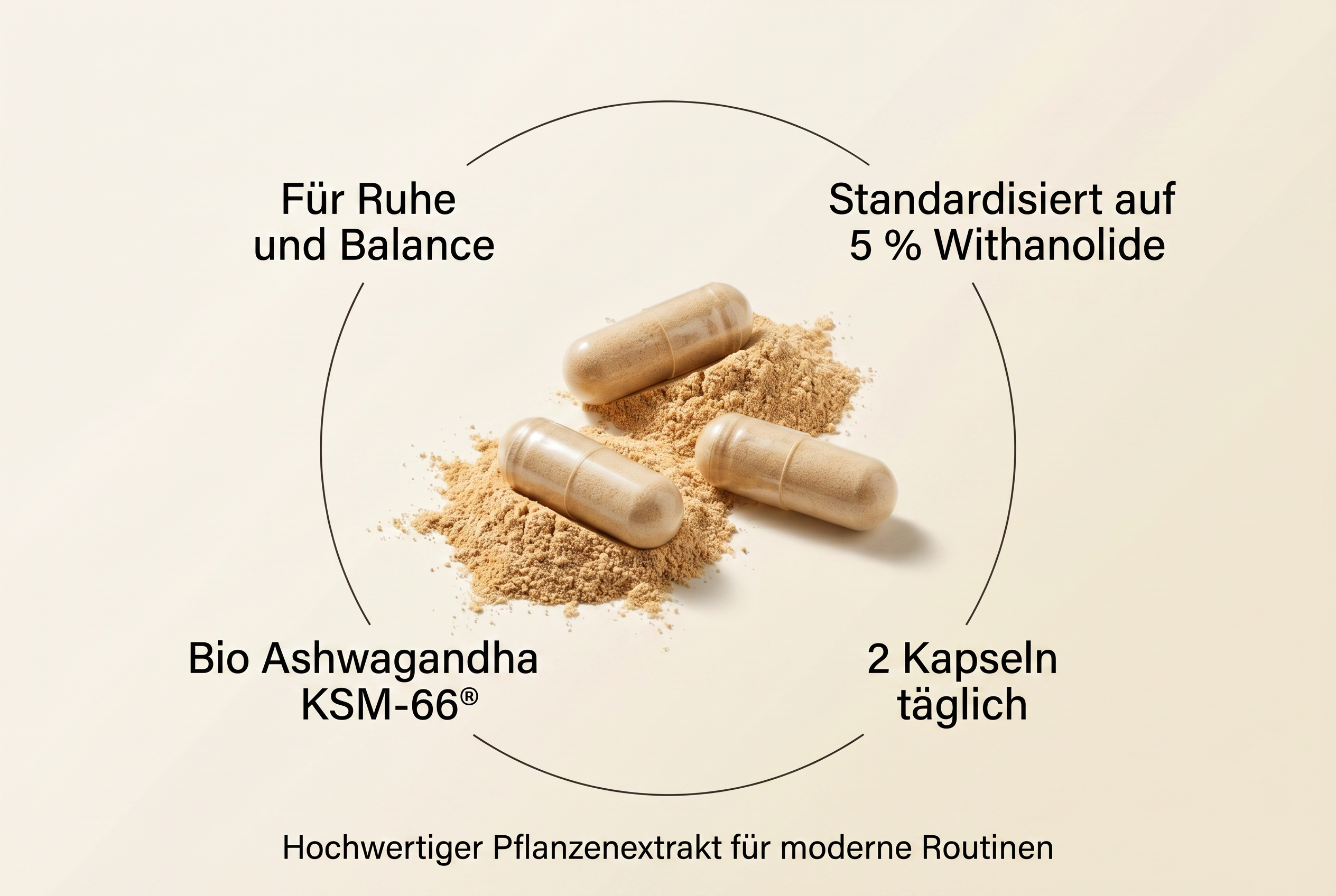 Infografik zu den Vorteilen und zur Dosierung der Bio Ashwagandha KSM-66 Kapseln