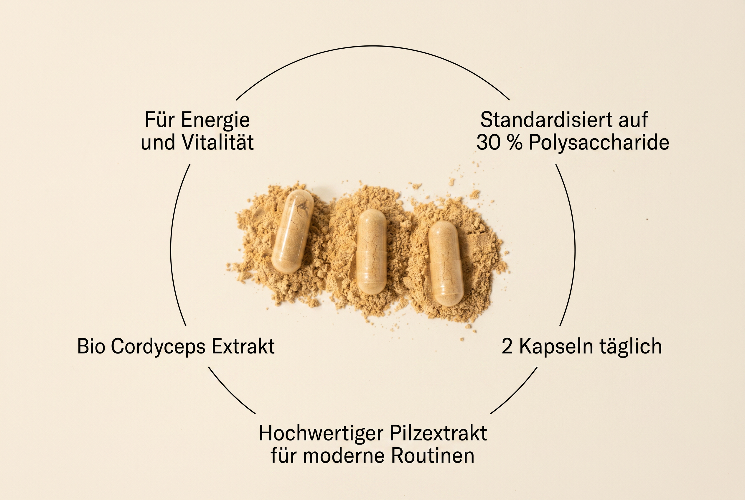Infografik zu Bio-Cordyceps-Extrakt mit 500 mg pro Kapsel, 30 Prozent Polysacchariden und zwei Kapseln täglich
