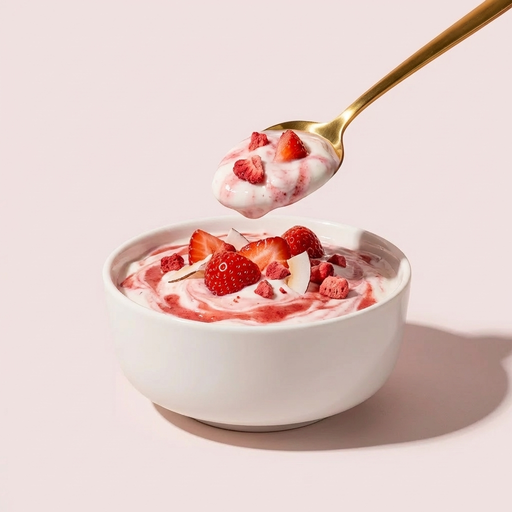 Bio-Erdbeerpulver als fruchtiges Topping in einer Joghurt Bowl