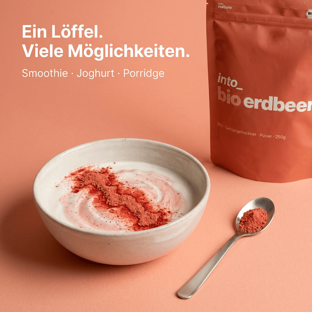 Bio-Erdbeerpulver neben frischen Erdbeeren - 100% natürlicher Ursprung