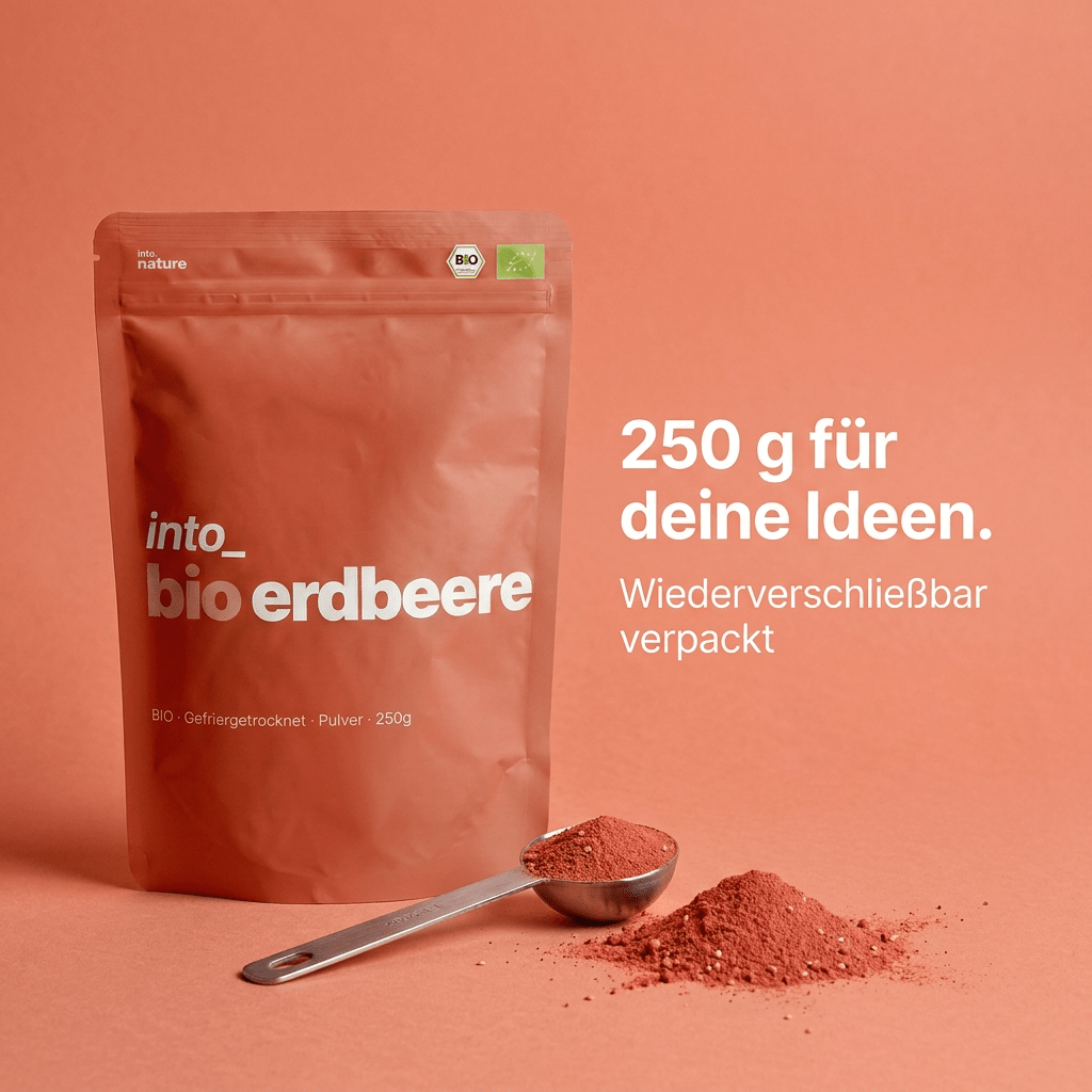 Schonend verarbeitetes Bio-Erdbeerpulver auf einem Löffel portioniert