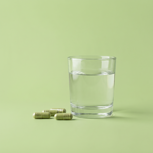 Zwei Bio Gerstengras Kapseln neben einem Glas Wasser zur leichten Einnahme