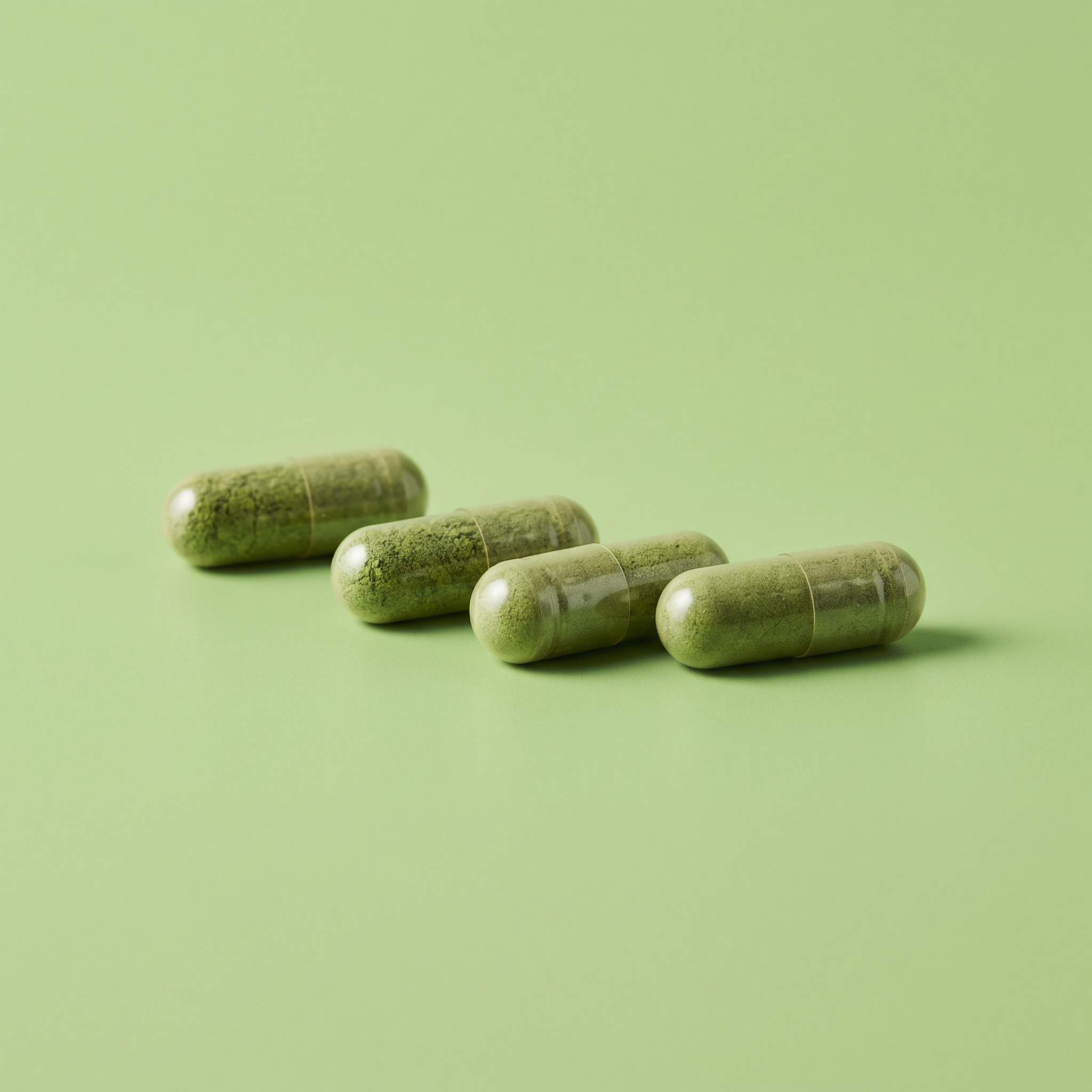Vier vegane Bio Gerstengras Kapseln als Alternative zu losem Pulver