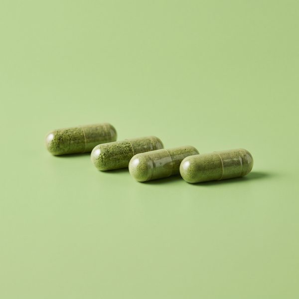 Vier vegane Bio Gerstengras Kapseln als Alternative zu losem Pulver