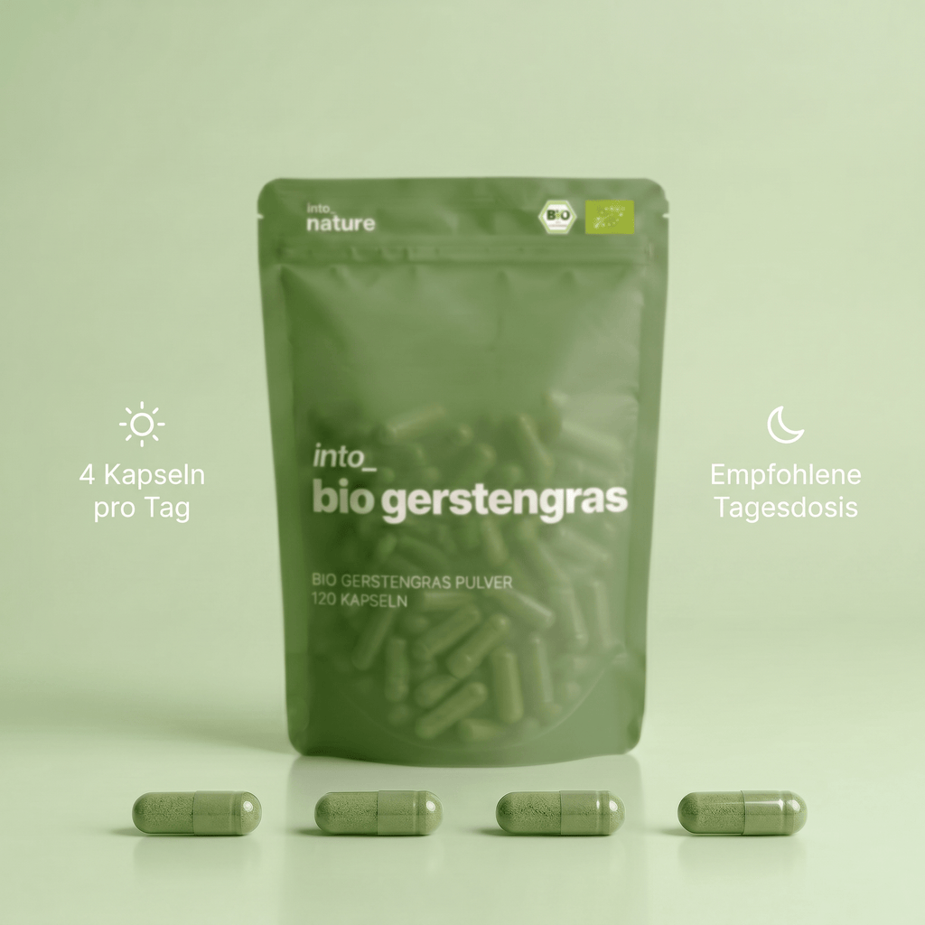 Einnahmeempfehlung: 4 Bio Gerstengras Kapseln als Tagesdosis