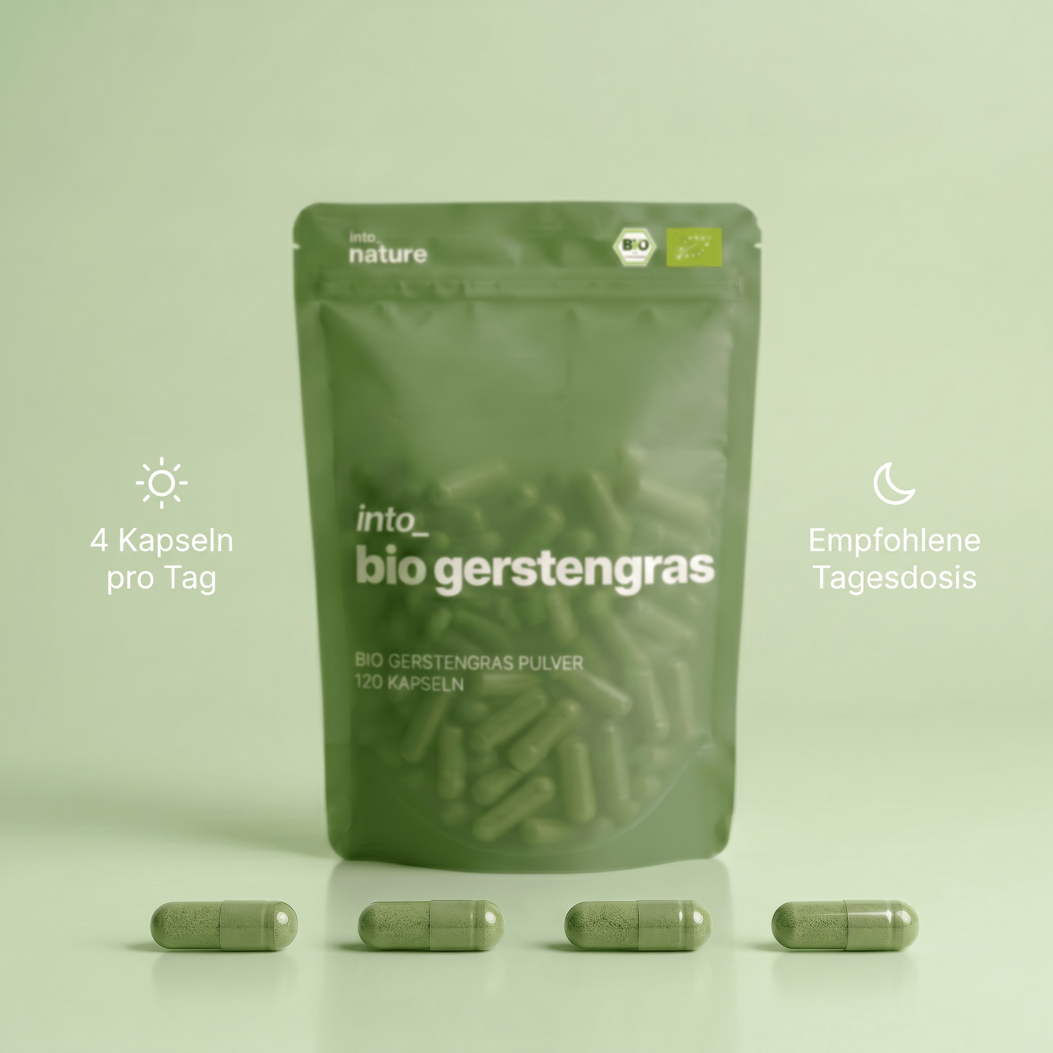 Einnahmeempfehlung: 4 Bio Gerstengras Kapseln als Tagesdosis
