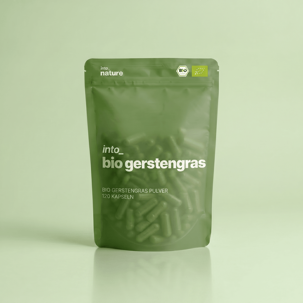 Verpackung der Into Nature Bio Gerstengraspulver Kapseln