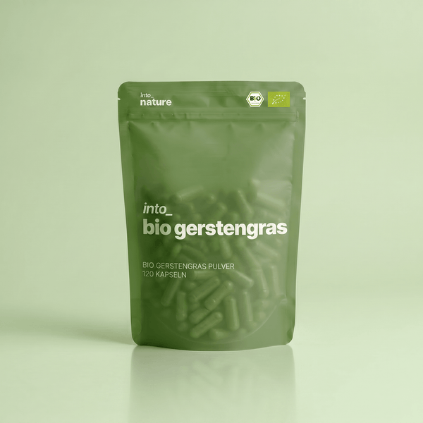Verpackung der Into Nature Bio Gerstengraspulver Kapseln