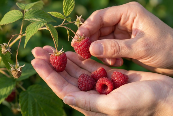 Frisch gepflückte Bio-Himbeeren direkt vom Strauch