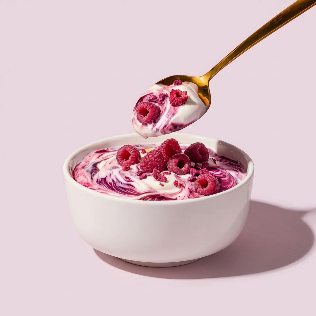 Cremige Joghurt Bowl mit frischen Himbeeren und Bio-Himbeerpulver