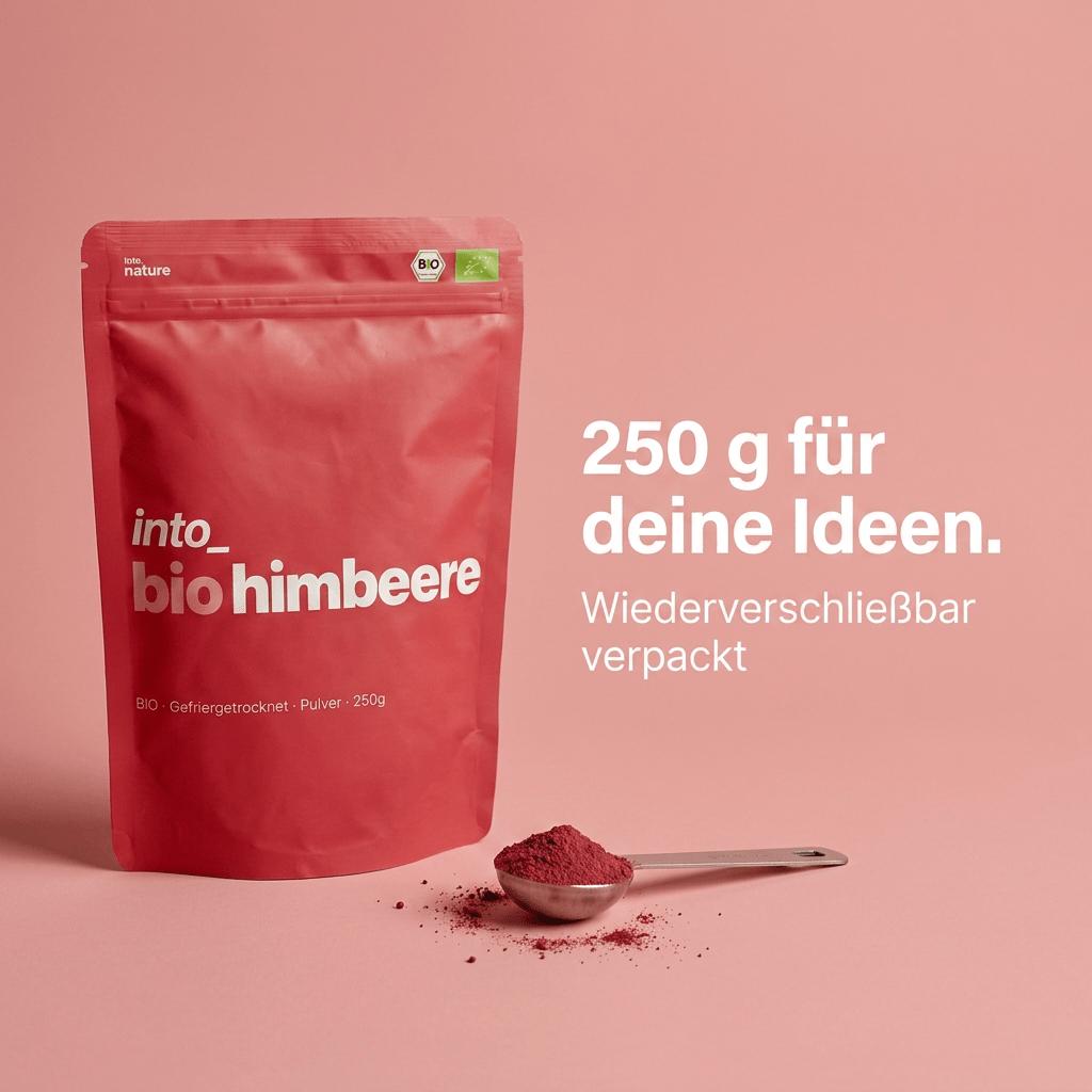 Praktische 250g Vorratspackung mit unserem naturreinen Bio-Himbeerpulver