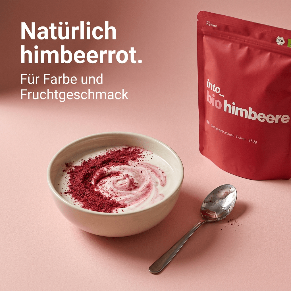 Intensive rote Farbe und Fruchtgeschmack im Joghurt durch Bio-Himbeerpulver