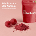 Bio-Himbeerpulver neben frischen Himbeeren - 100% natürlicher Ursprung