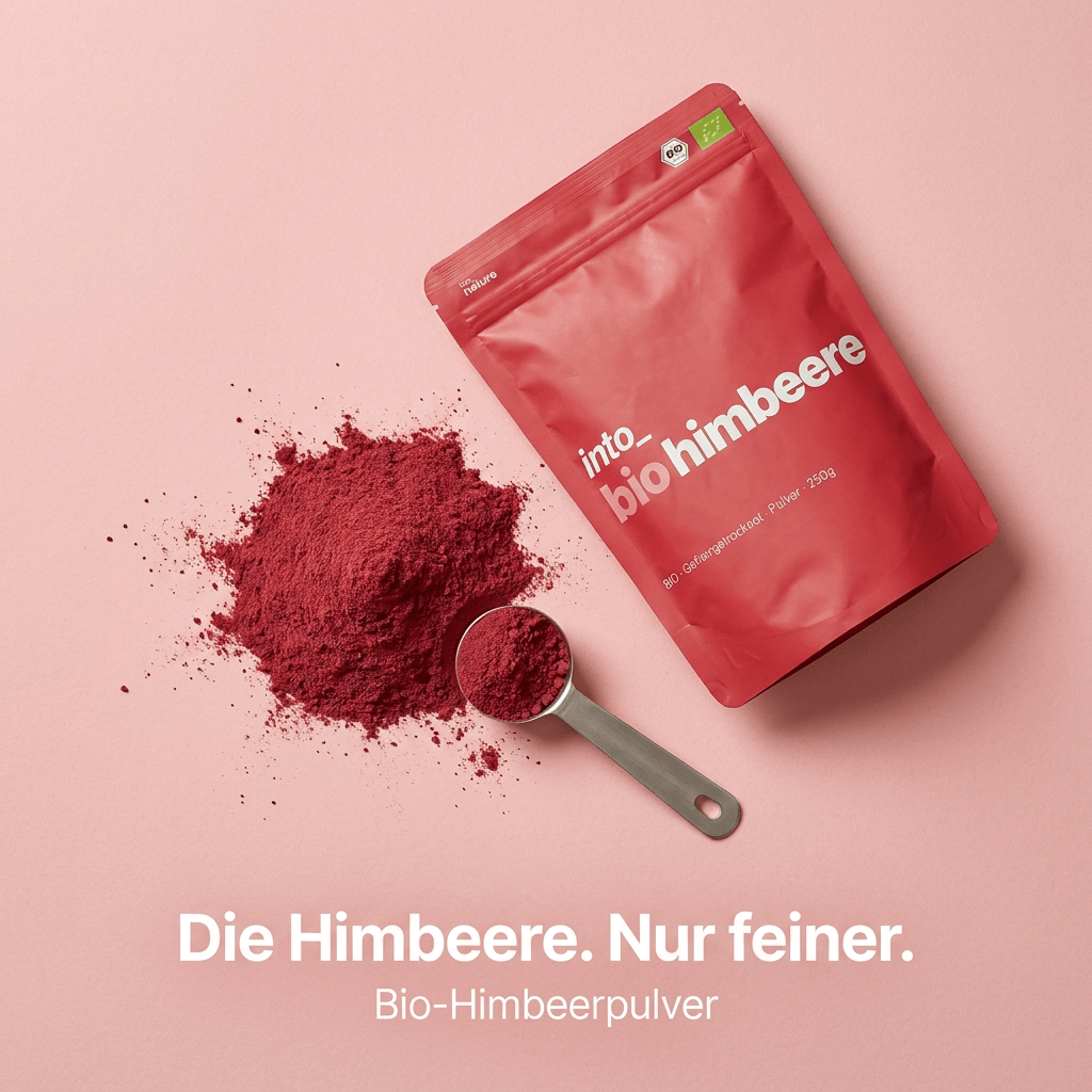 Fein gemahlenes Bio-Himbeerpulver - 100% Frucht pur auf einem Dosierlöffel