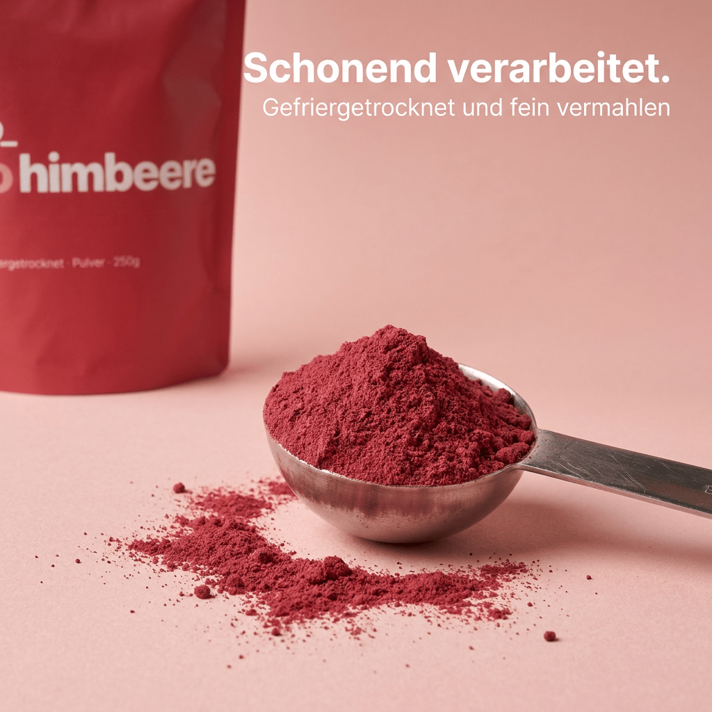 Schonend verarbeitetes Bio-Himbeerpulver auf einem Löffel portioniert