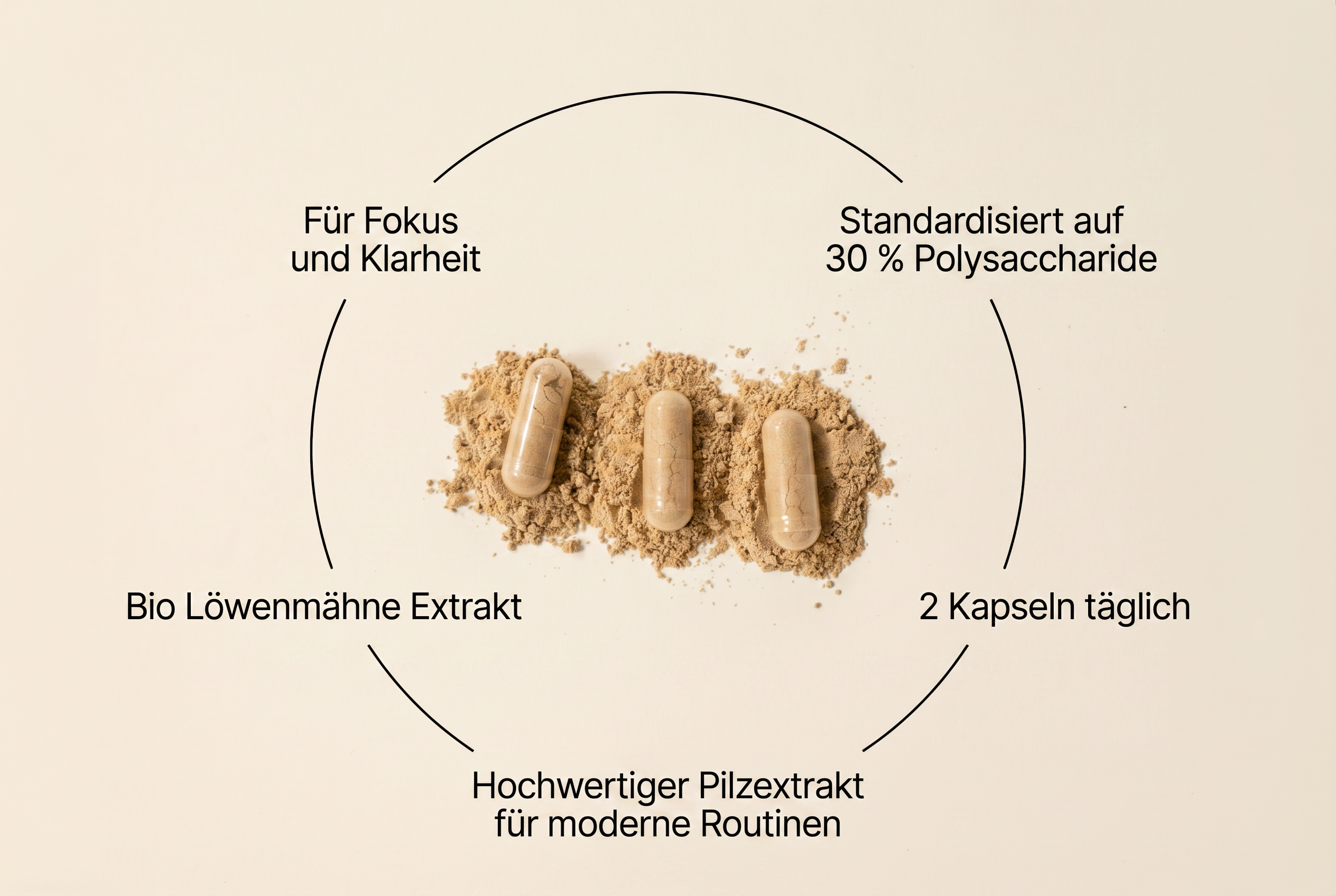 Infografik zu den Vorteilen und zur Dosierung der Bio Löwenmähne Extrakt Kapseln