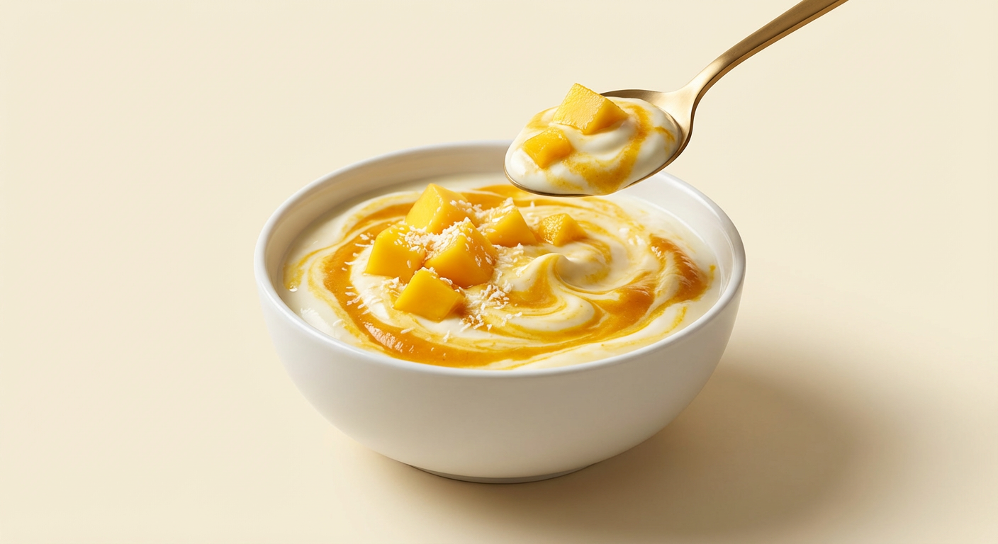 Cremige Joghurt Bowl mit frischer Mango und Bio-Mangopulver