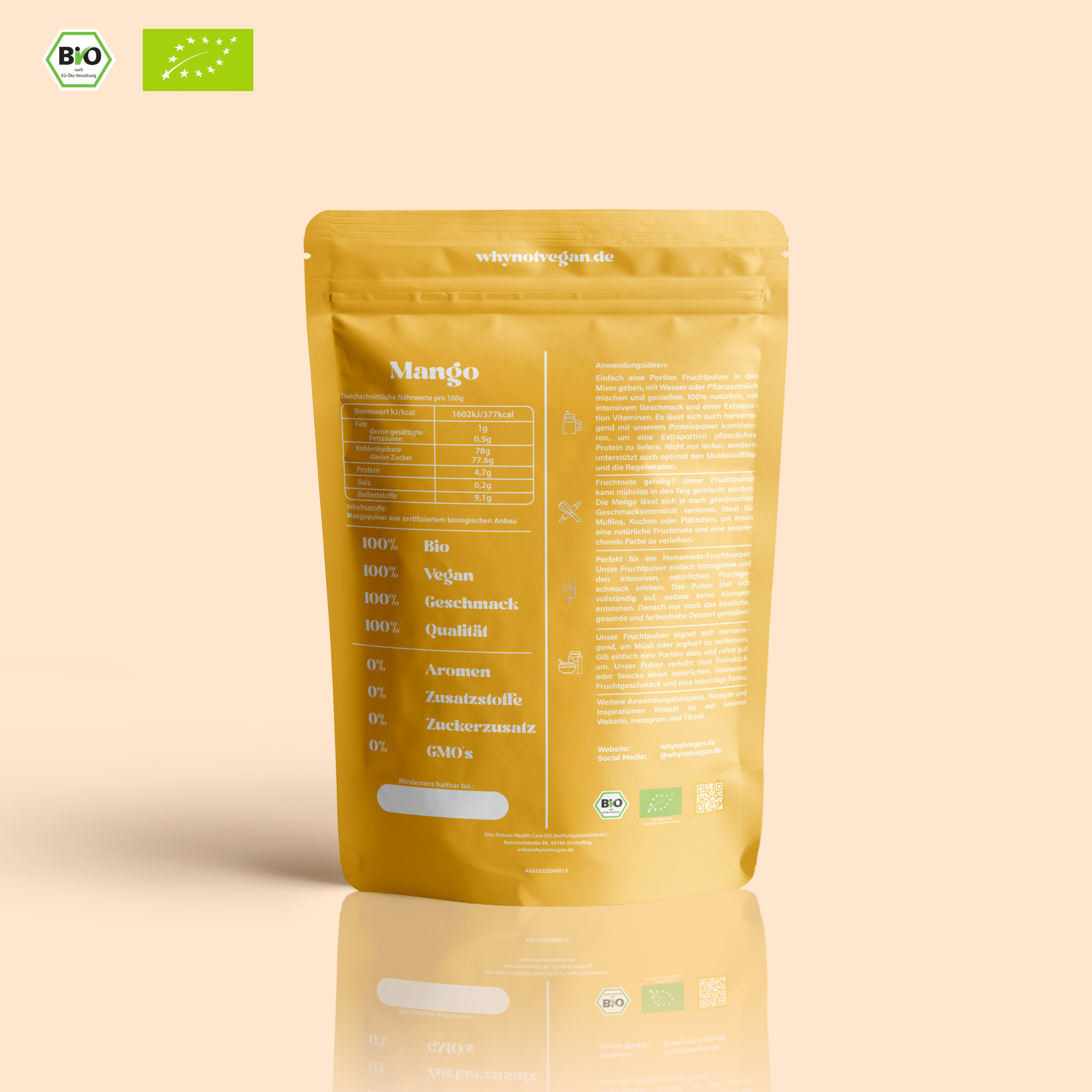 Rückseite der Bio Mango Pulver Verpackung – Nährwerte, Anwendungstipps und Qualitätsversprechen: 100 % Frucht, vegan, ohne Zusätze