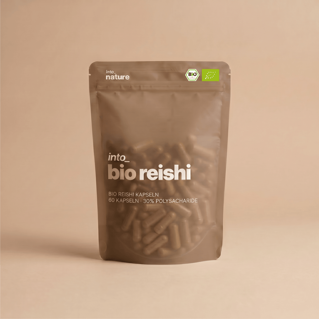 Verpackung der Into Nature Bio Reishi Extrakt Kapseln Vorderansicht