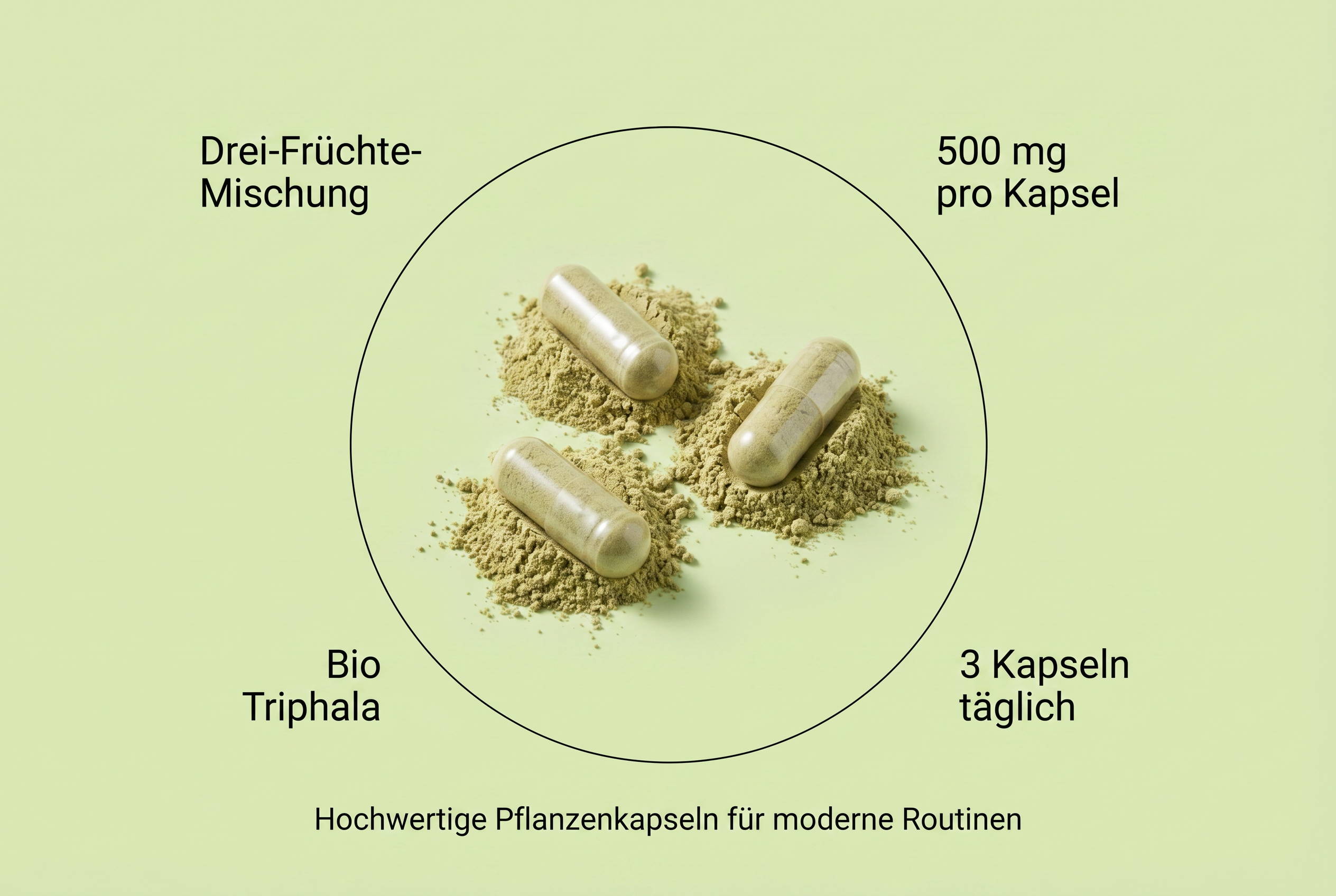 Infografik zu den Vorteilen und zur Dosierung der Bio Triphala Kapseln