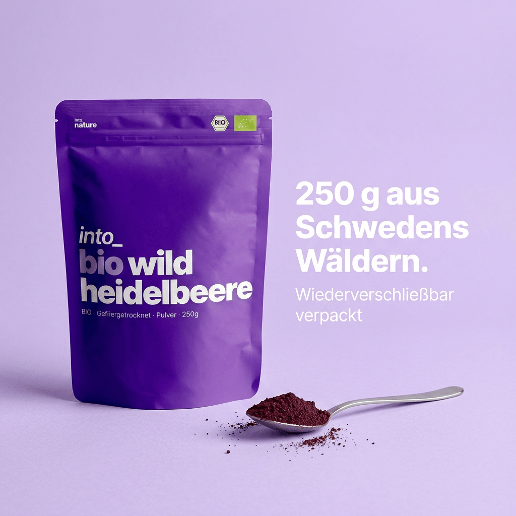 Praktische 250g Vorratspackung mit unserem naturreinen Bio-Wildheidelbeerpulver