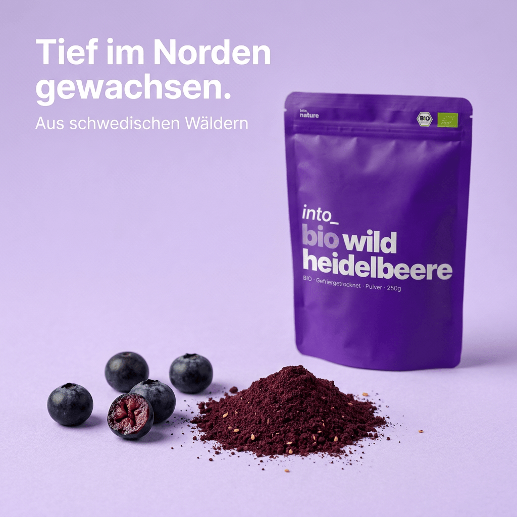Bio-Wildheidelbeerpulver aus Schweden neben frischen, wild gesammelten Heidelbeeren