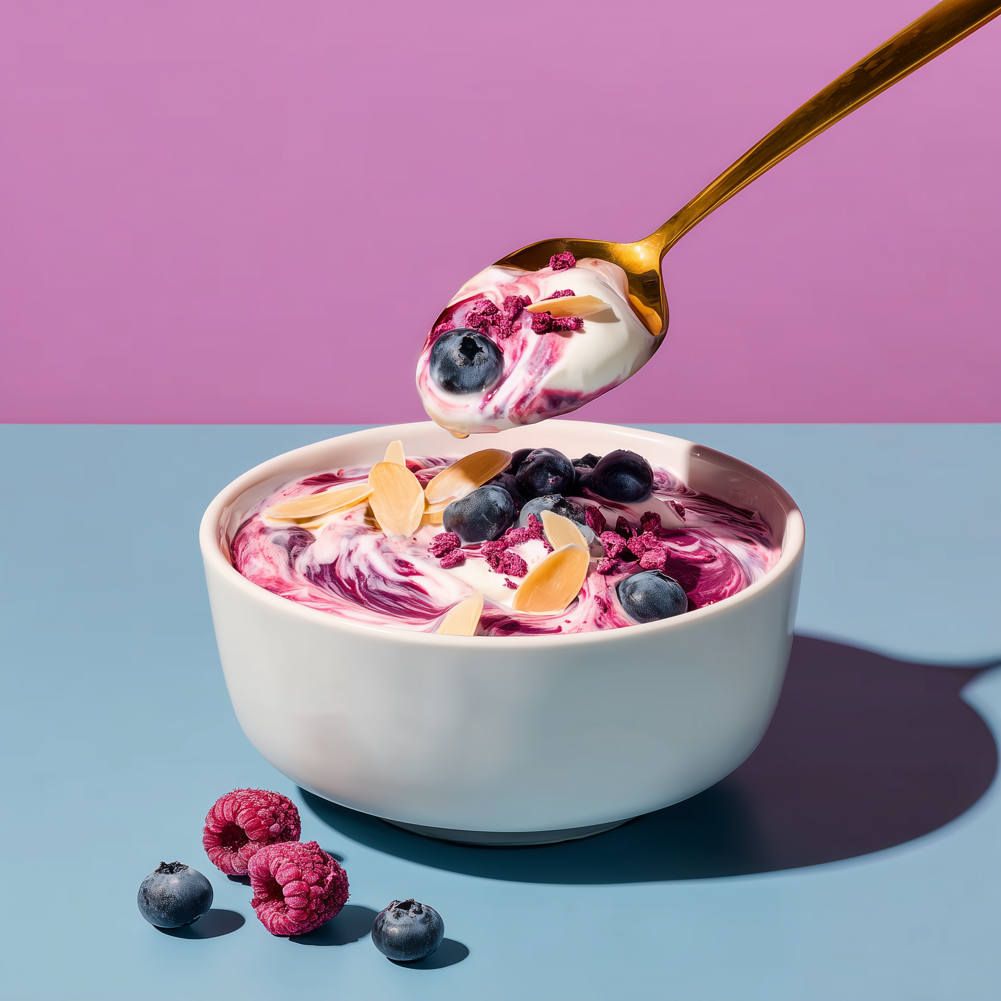 Weiße Schüssel mit Joghurt, verstrudelt mit Himbeer- und Blaubeerpüree, getoppt mit frischen Blaubeeren, gefriergetrockneten Himbeeren und Mandelblättchen, goldener Löffel darüber