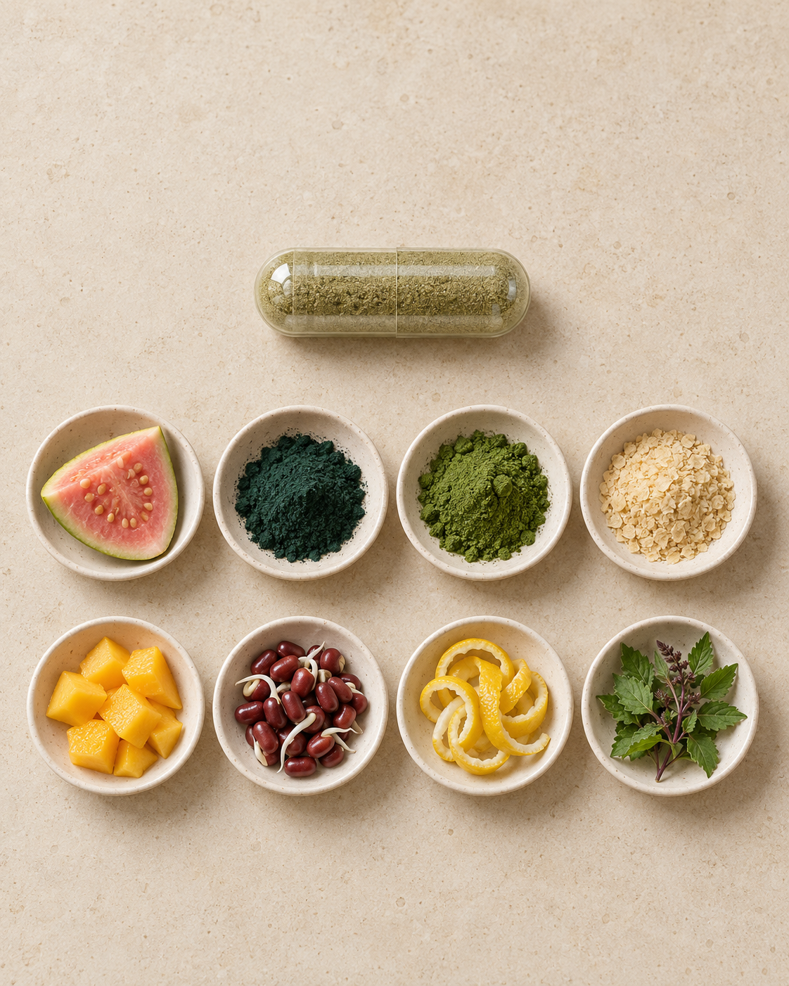 Illustration der acht Rohstoffquellen: Guave, Spirulina, Chlorella, Hefe, Mango, Adzukibohnen-Sprossen, Zitronenschale und Tulsi.