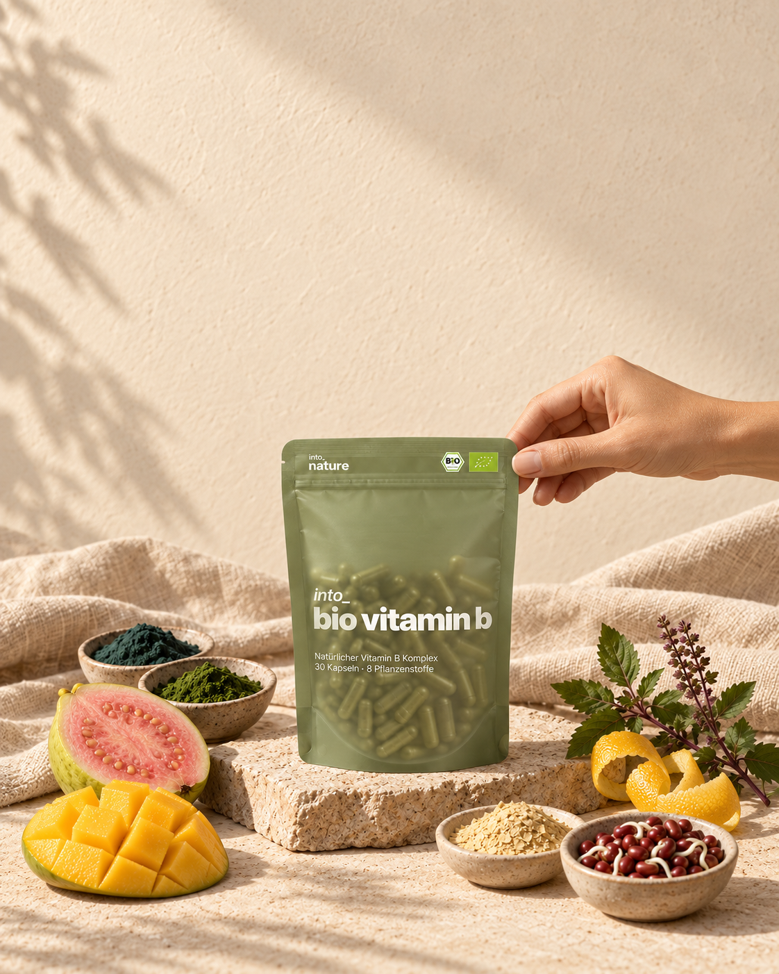 INTO Bio Vitamin B-Komplex, umgeben von seinen natürlichen Rohstoffquellen.