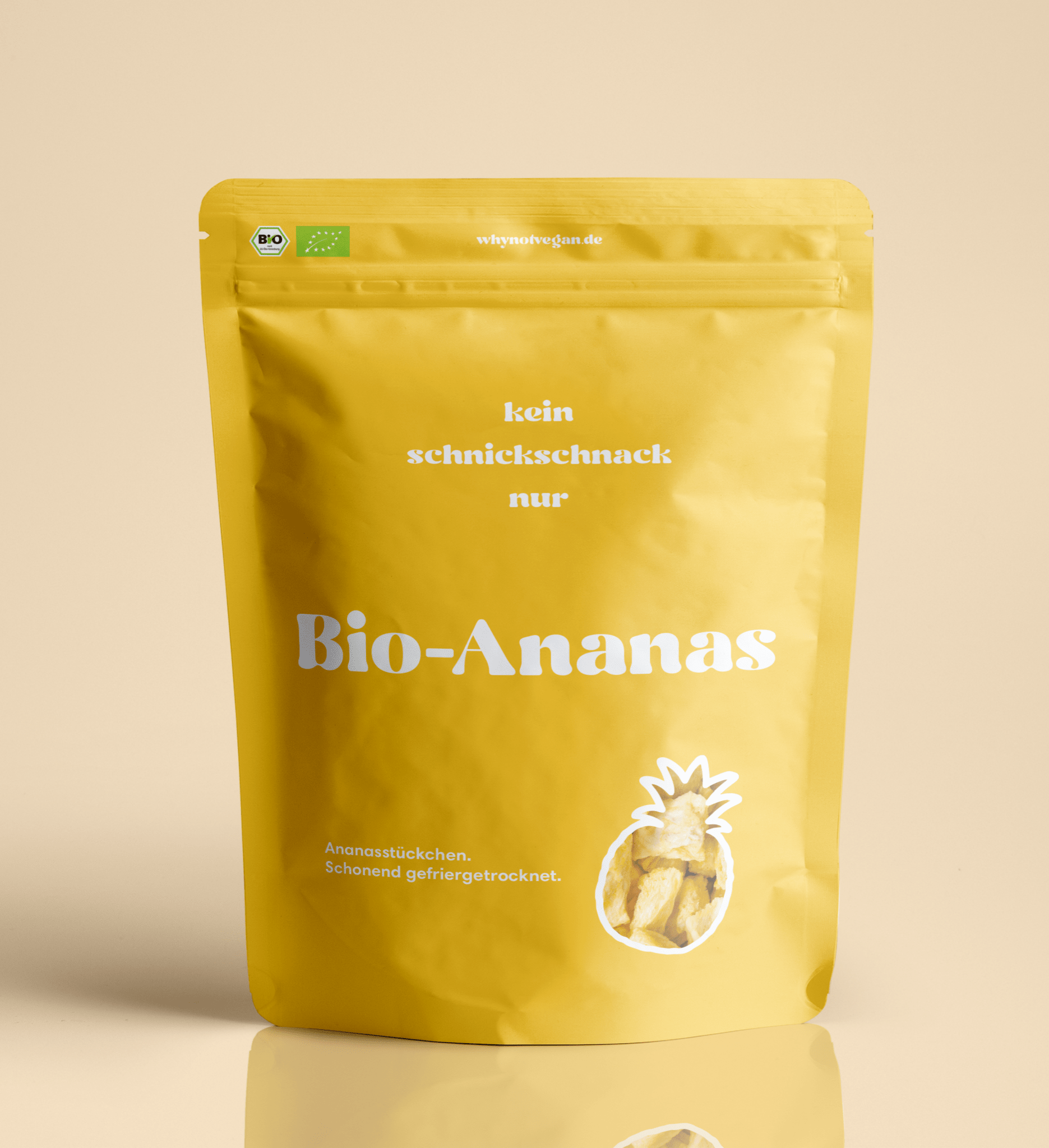 250 g gefriergetrocknete Bio-Ananas Stücke in nachhaltiger Verpackung von WhyNotVegan – 100 % Frucht, süß, knusprig und ohne Zusätze